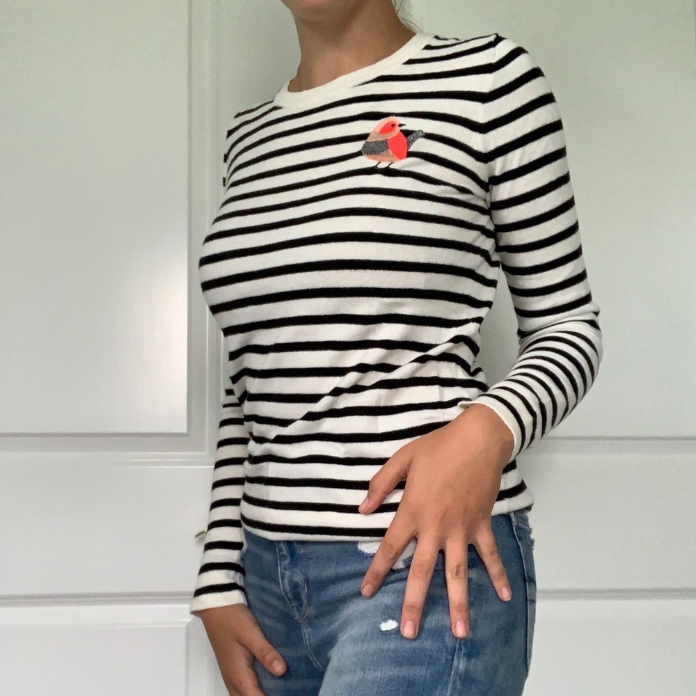 XS striped J Crew sweater with stitched bird
